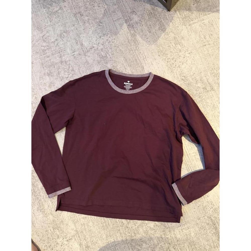 Bombas Pima Cotton Burgundy Long Sleeve Crew Neck Shirt with Trim S